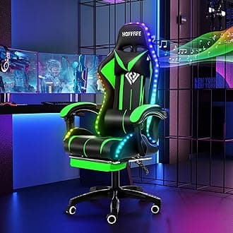 HOFFREE RGB Gaming Chair with Speakers Massage Computer Gaming Chair with LED Lights and Footrest High Back Video Game Chair for Adults Green and Black