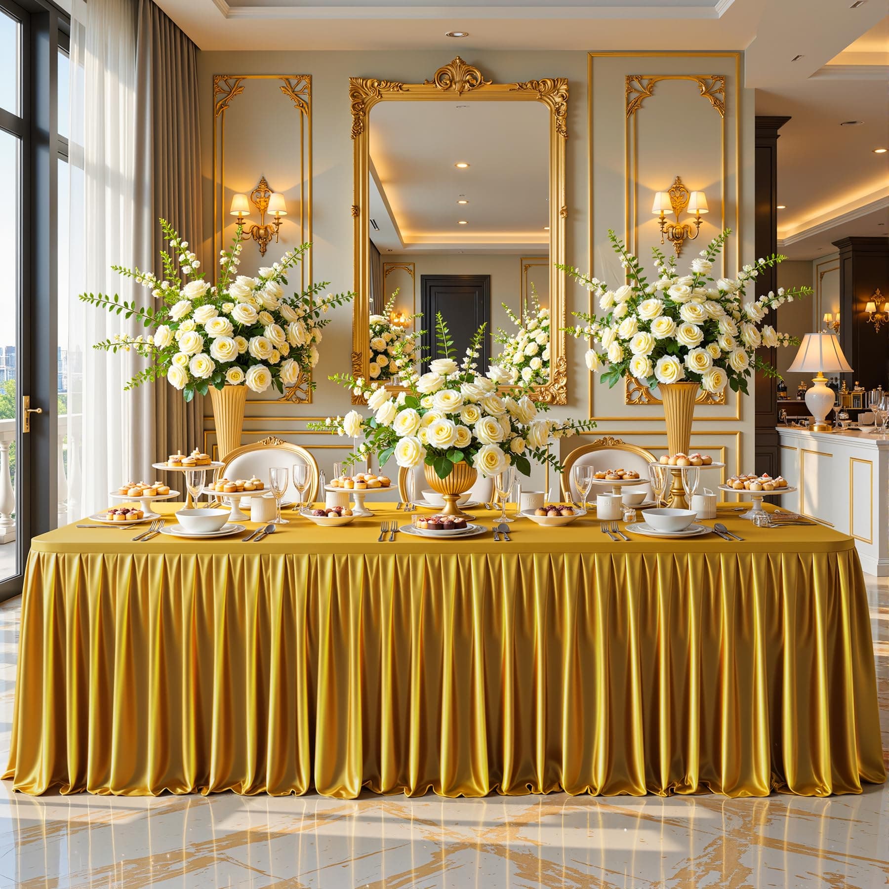 8FT Gold Satin Tablecloths for Rectangle Tables - Shiny Spandex Party Table Cover with Pleated Table Skirt, No-Wrinkle & Glossy Wedding Tablecloth One-Piece for Birthday Baby Shower Banquet Ceremony