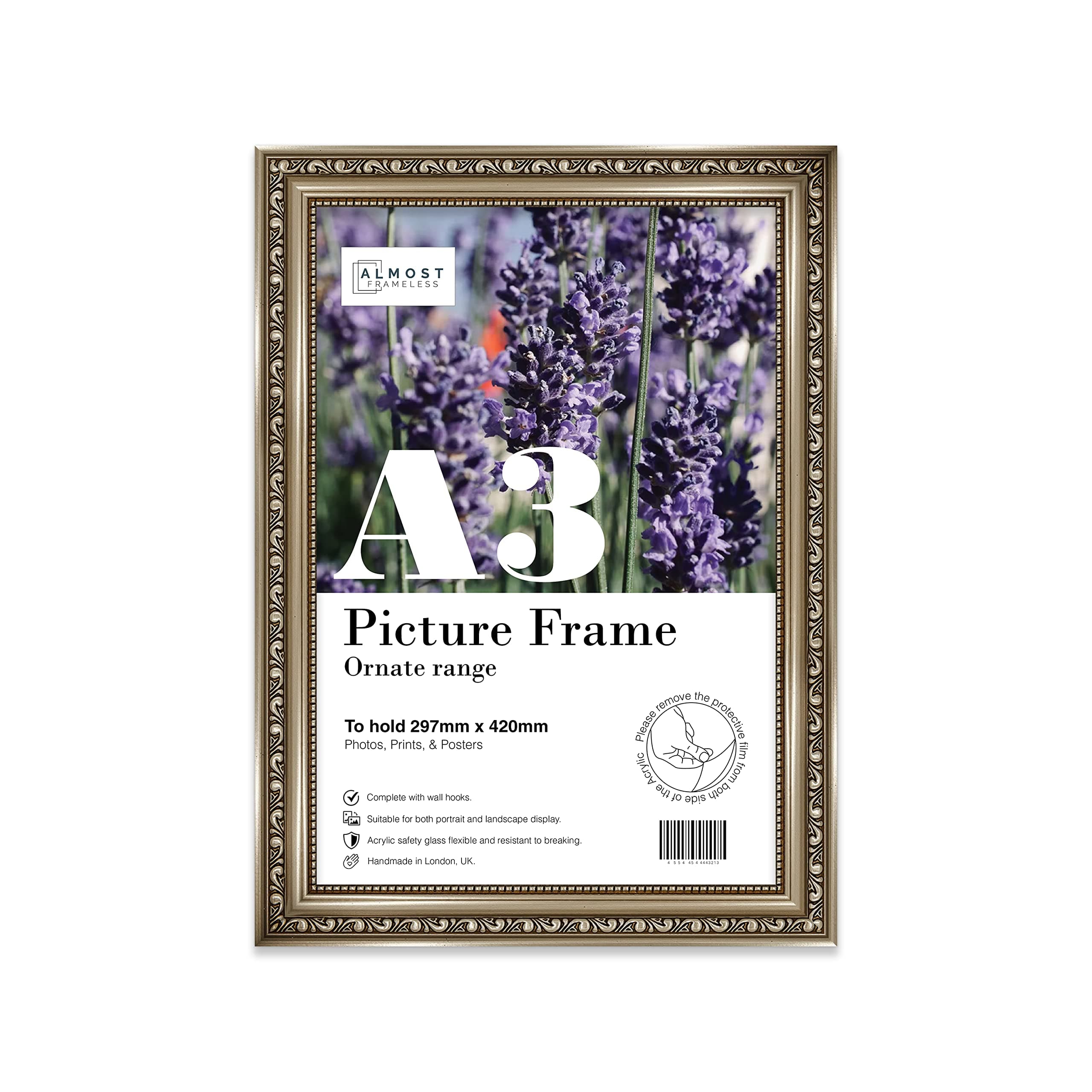 A3 Gunmetal Ornate Picture Frame Fits A3 (29.7 x 42cm - 11.7 x 16.5in) Poster, Photo, Artwork, or Print. Shabby Chic Style Portrait and Landscape Display with Wall Hooks