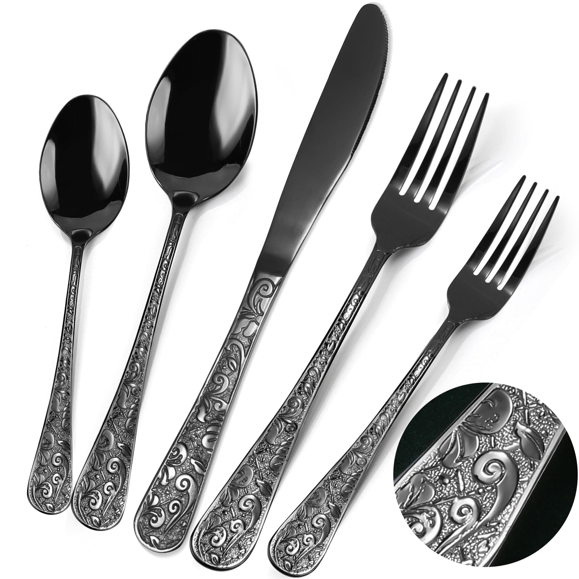 Meythway 40-Piece Vintage Carved Black Silverware Set for 8, Stainless Steel Flatware Set with Knife/Fork/Spoon, Cutlery Set for Home and Kitchen, Utensil Set with Dishwasher Safe