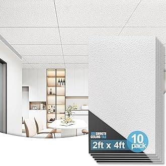 Art3d 10-Pack Stucco Texture Drop Ceiling Tiles 2x4 FT - Fire-Rated, Waterproof, Reusable - Premium PVC 24x48 Inch Ceiling Panels for Living Room Kitchen Bathroom Basement Office, White