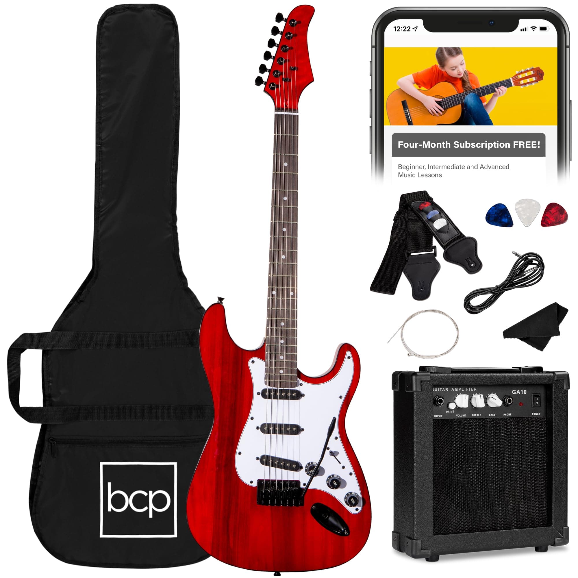 Best Choice Products 39in Full Size Beginner Electric Guitar Starter Kit w/Case, Strap, 10W Amp, Strings, Pick, Tremolo Bar - Cherry Red