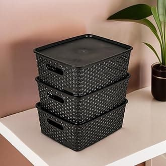 3 Pcs Stackable Plastic Rectangular Storage Box with Lid | H3 Multi-Purpose Basket for Storage - Ideal Home Organizers for Baby Dress, Stationary, Medicine & Pooja Items | Black