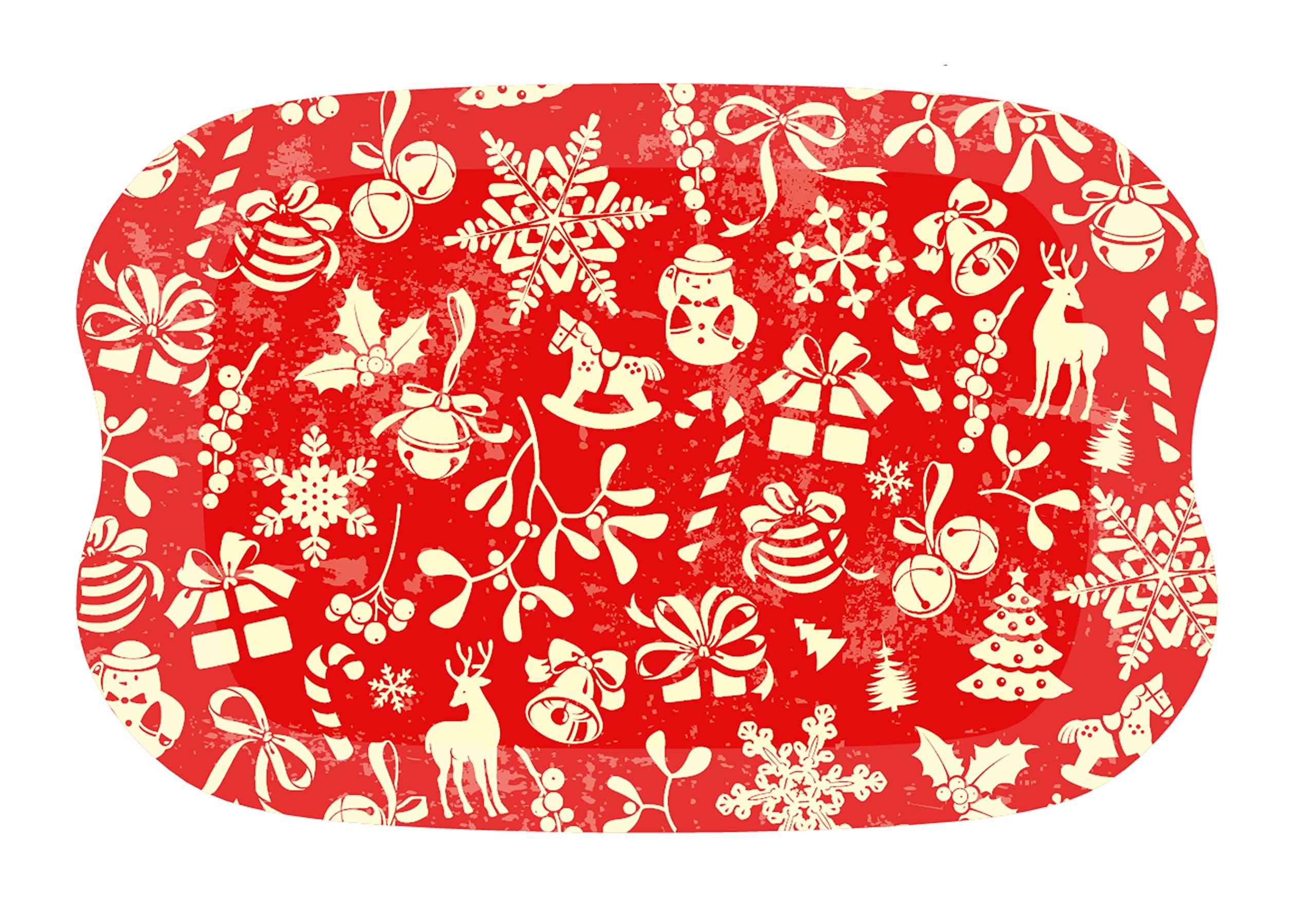 Harfield Christmas Red Print Serving Tray Coffee Tea Festive Platter 32x21cm Wood Effect Ecological
