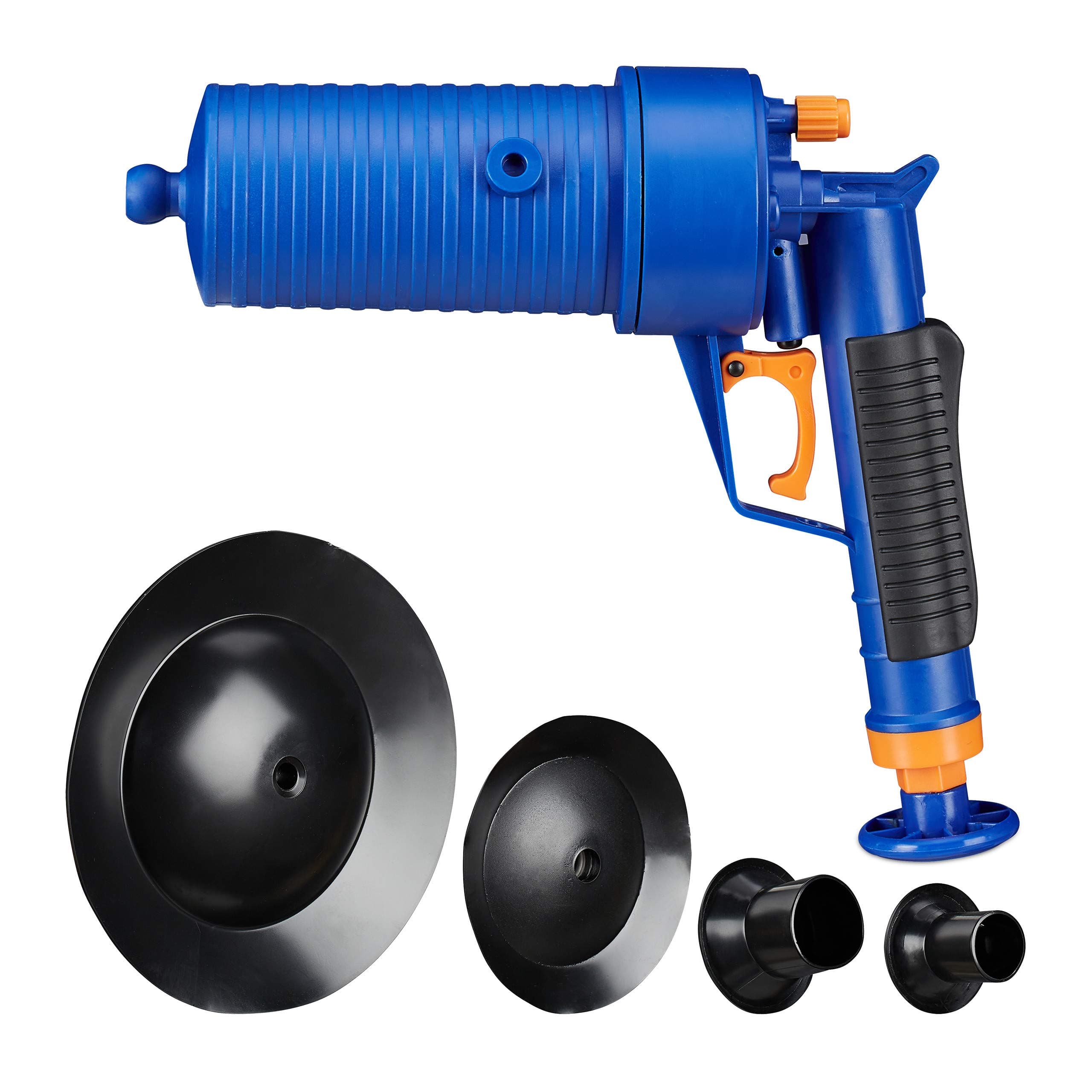 Relaxdays Drain Cleaner, Compressed Air Pipe Unblocker, Bathroom & Kitchen, 4 Attachments, Without Chemicals, Blue