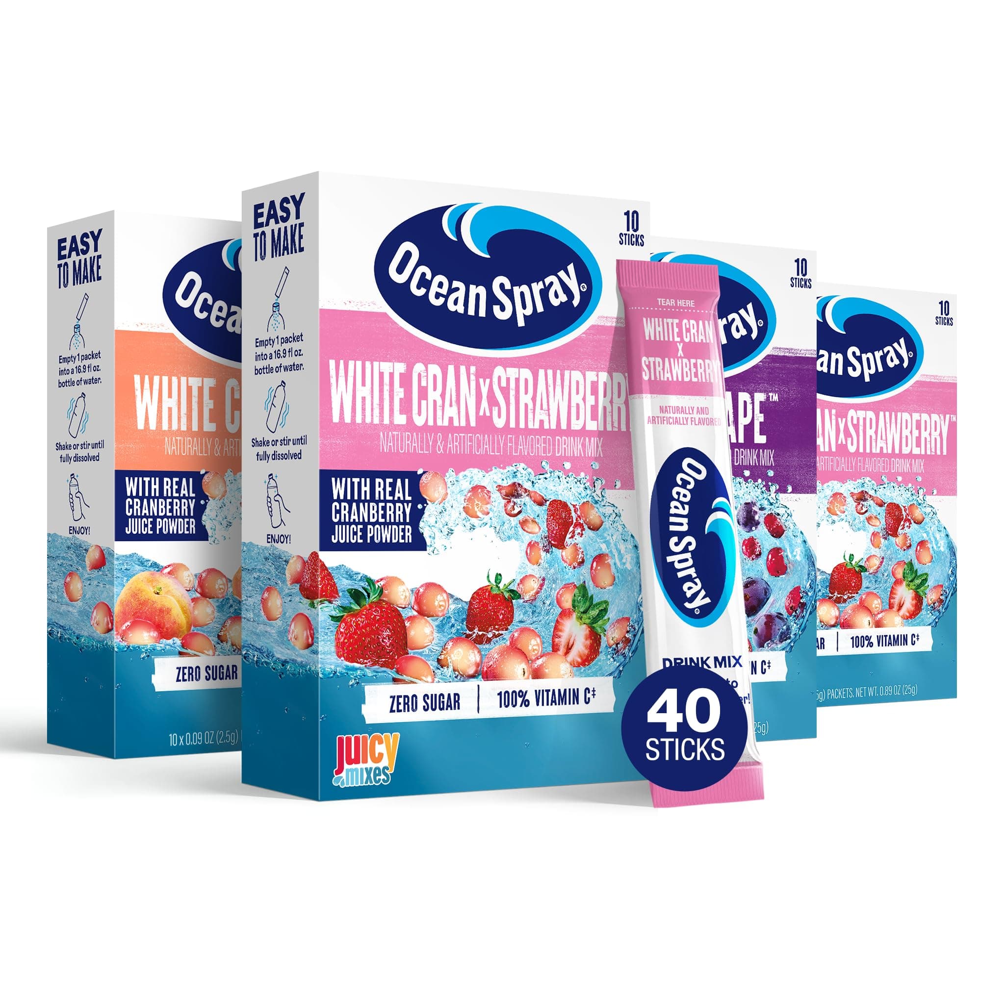 - Ocean Spray® Variety Pack Zero Sugar Powder Drink Mix Packets with Real Cranberry Juice Powder, 100% Vitamin C, No Synthetic Dyes, Juicy Mixes (40ct)