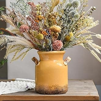 Quoowiit Rustic Ceramic Vase Distressed Home Decor Shelf Decor Yellow Bohemian Vase for Living Room Bedroom Kitchen Office Table Centerpiece Table Decoration