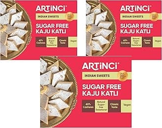 Artinci Sugar Free Kaju Katli, Low carb, Keto Friendly, Pure, Tasty & Healthy Indian Sweets, Vegan Made with pure Cashew Nuts, Ideal for Special Occasion & Festivals, Sugarfree Mithai (160g x Pack- 3)