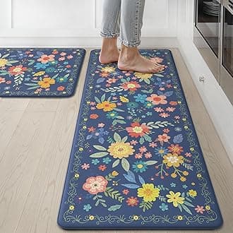 GENIMO Kitchen Mats for Floor 2PCS, Cushioned Kitchen Rugs Non Slip Washable, Farmhouse Anti Fatigue Mat Waterproof, Comfort Standing Mat Rug for Office, Home, Laundry, 17.3"x47"+17.3"x30", Navy