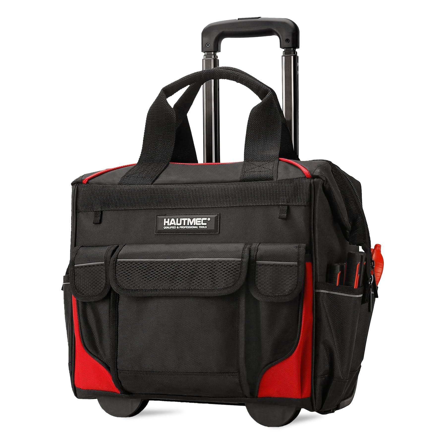 – HAUTMEC 14.5" Rolling Tool Bag on Wheels, Heavy-Duty Tool Bag with High-Density Oxford Fabric, Oversized Off-Road Wheels, Wide-Mouth Design, 25-Pocket, Double Zipper & Telescoping Handle - HT0179