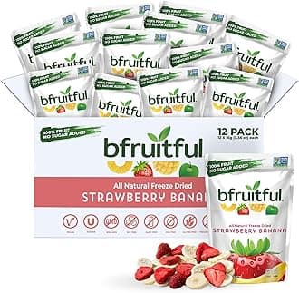Freeze-Dried Strawberry Banana, Freeze Dried Fresh Fruit Bites, Gluten Free, Vegan, Dairy Free, Kosher, No Sugar Added, Non GMO, Healthy Snacks for Kids or Adults, 0.56 oz Single-Serve Snack Packets, 12 Pack