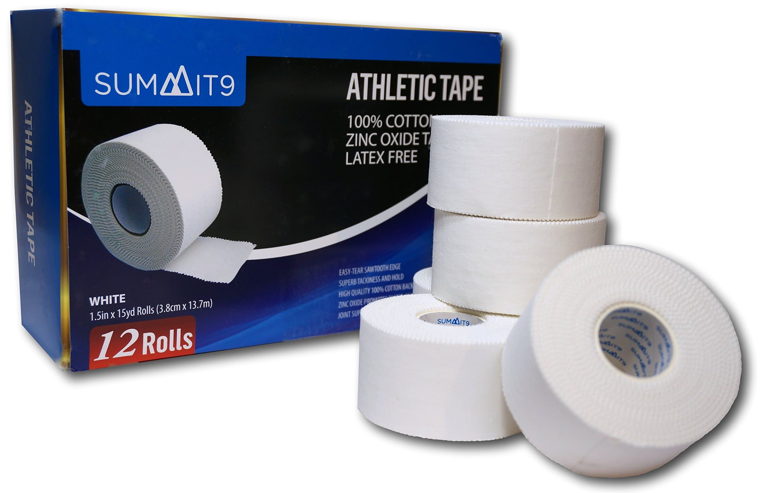 Athletic Tape - White, 12 Rolls - 1.5 inch x 15 yards - Latex Free Zinc Oxide Adhesive - Easy Tear Sawtooth Edge