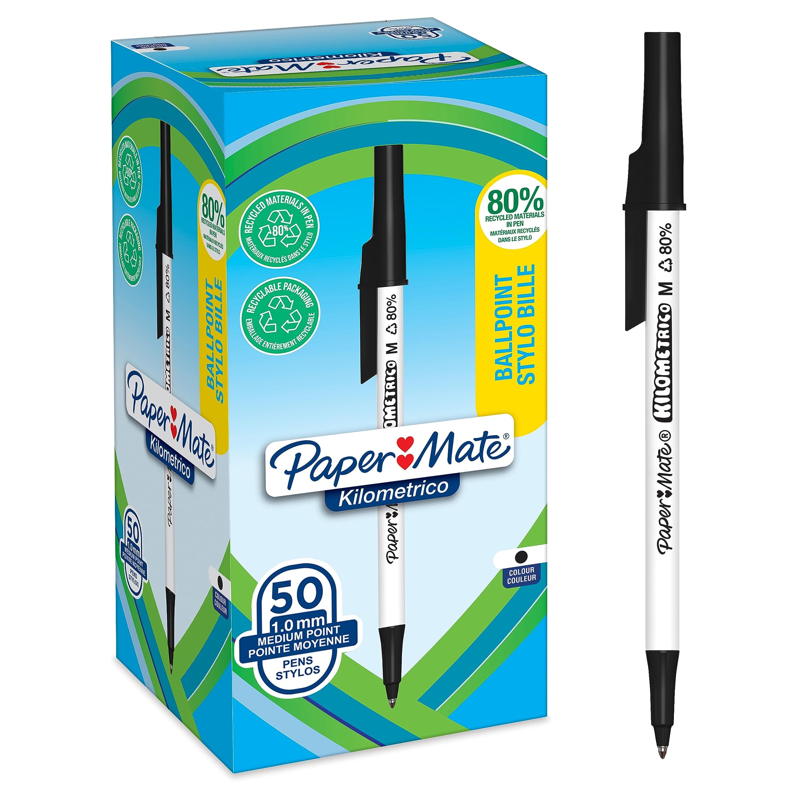 Paper Mate Kilometrico Ballpoint Pens | Long Writing with Medium Point (1.0mm) | Black Ink | 80% Recycled Plastic | 50 Count