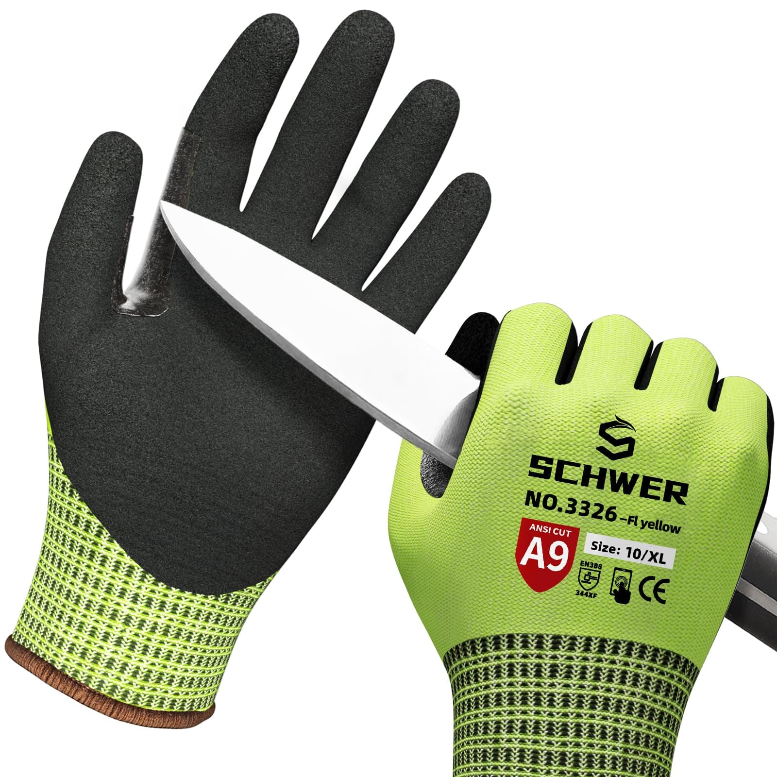 Schwer ProGuard Highest Level Cut Resistant Work Gloves PR3326 for Extreme Protection,ANSI A9 Cut Gloves with Reinforced Thumb, Non Slip, Breathable, Cooling, Durable, Touch-screen, Yellow 1 Pair(XL)