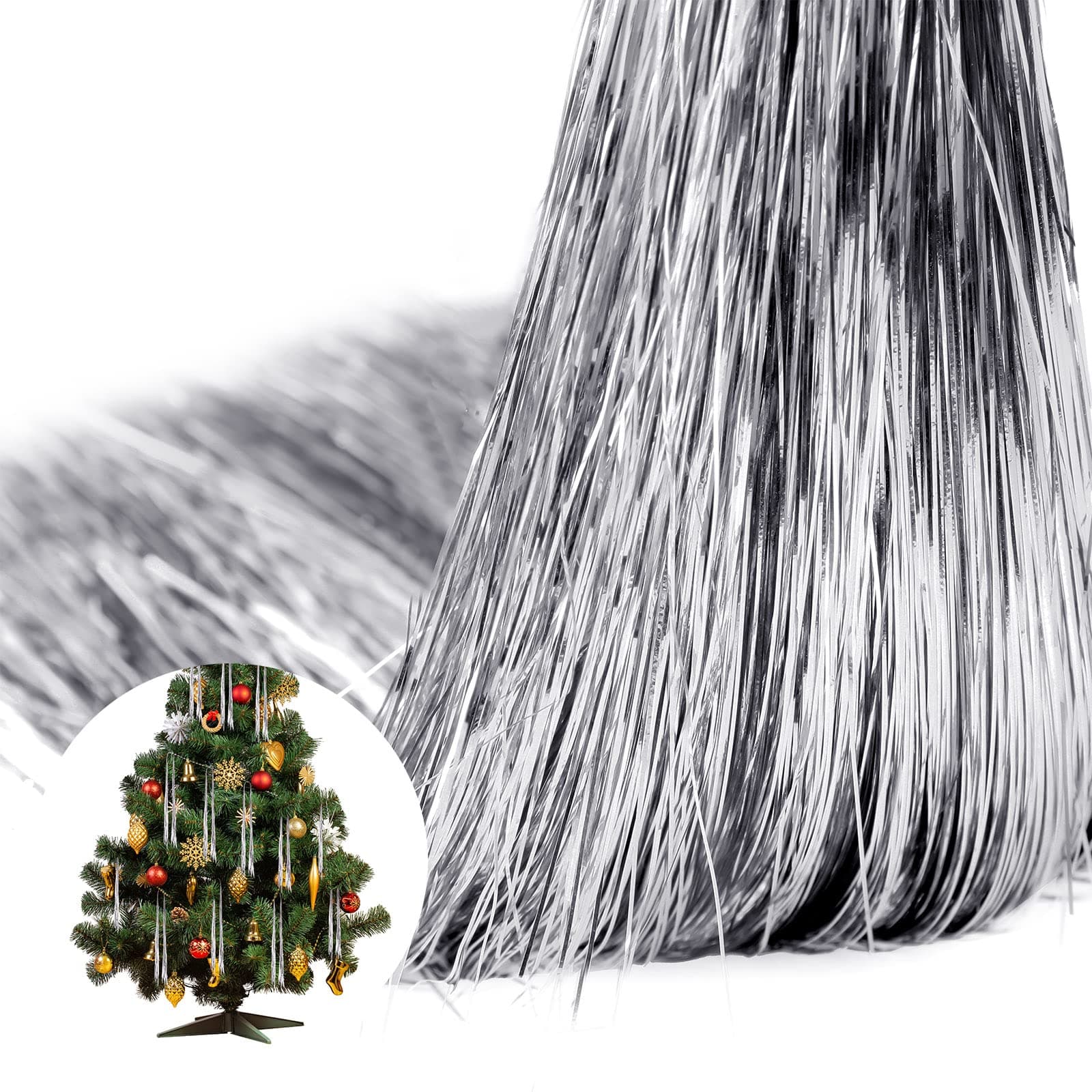 MTLEE 3000 Strands Christmas Tree Decorations Tinsel Garland Iridescent Tinsel Foil Fringe Icicles for Christmas Home Hair Decor Holiday Birthday Graduation Supplies (Silver)