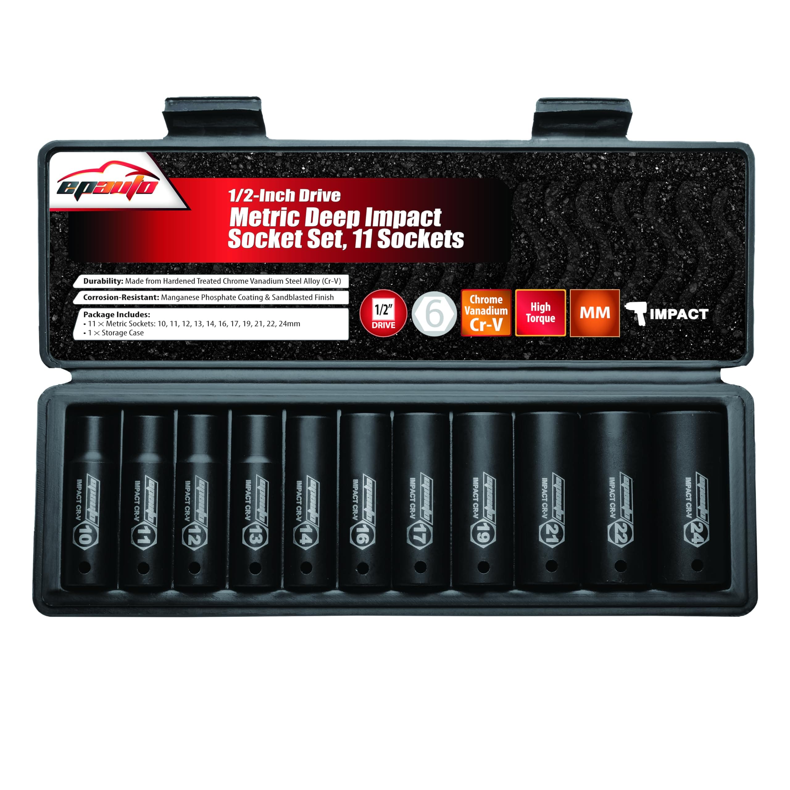 EPAuto 1/2-Inch Drive Metric Deep Impact Socket Set, Cr-V, 6 Points, 11 Sockets