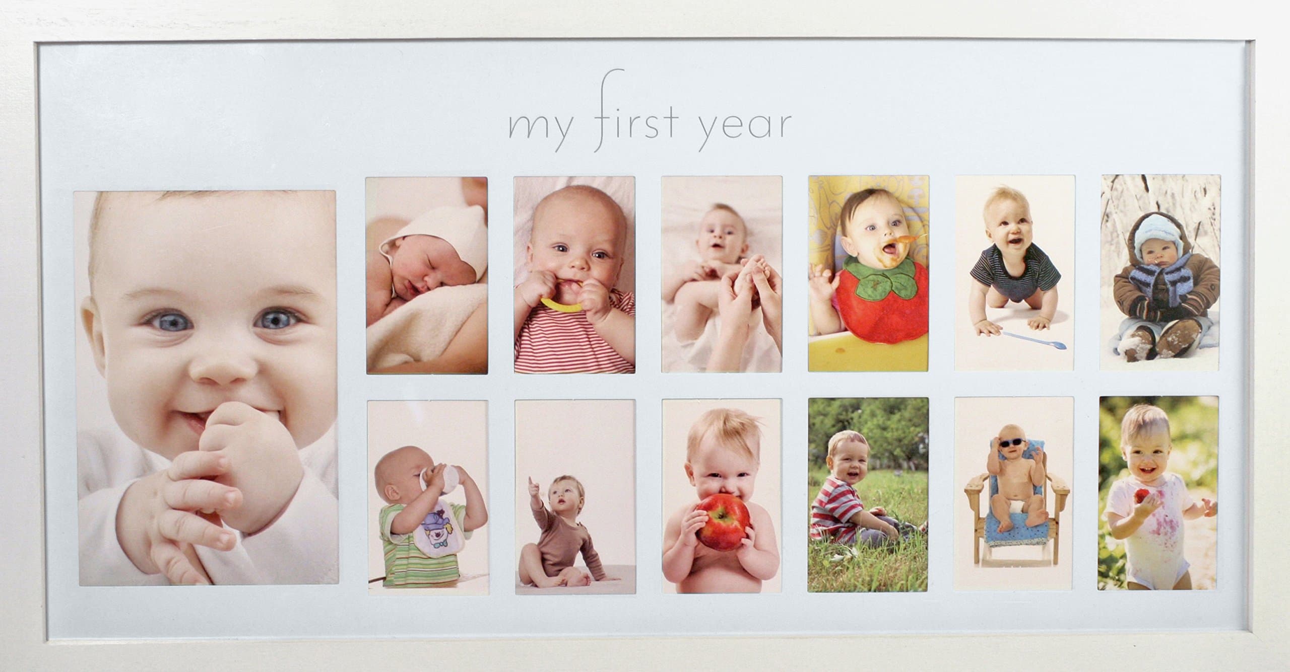 Green Pollywog | Baby's First Year Frame | Collage Frame For Baby In White | 12 Month Picture Frame | Milestone Photos | First Year Picture Mat | My First Year Photographs