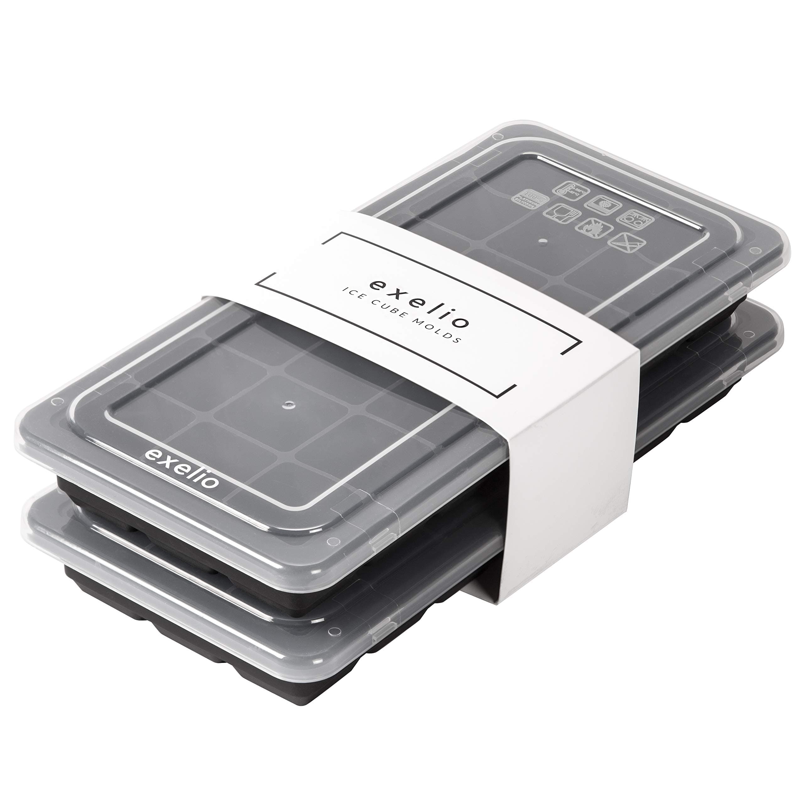 exelio Ice Cube Trays Silicone with Lids - Covered Flexible Ice Trays | Small Ice Cube Molds for Chilled Drinks, Whiskey & Cocktails | Stackable, Dishwasher Safe, BPA Free Mold Tray, 2 Pack