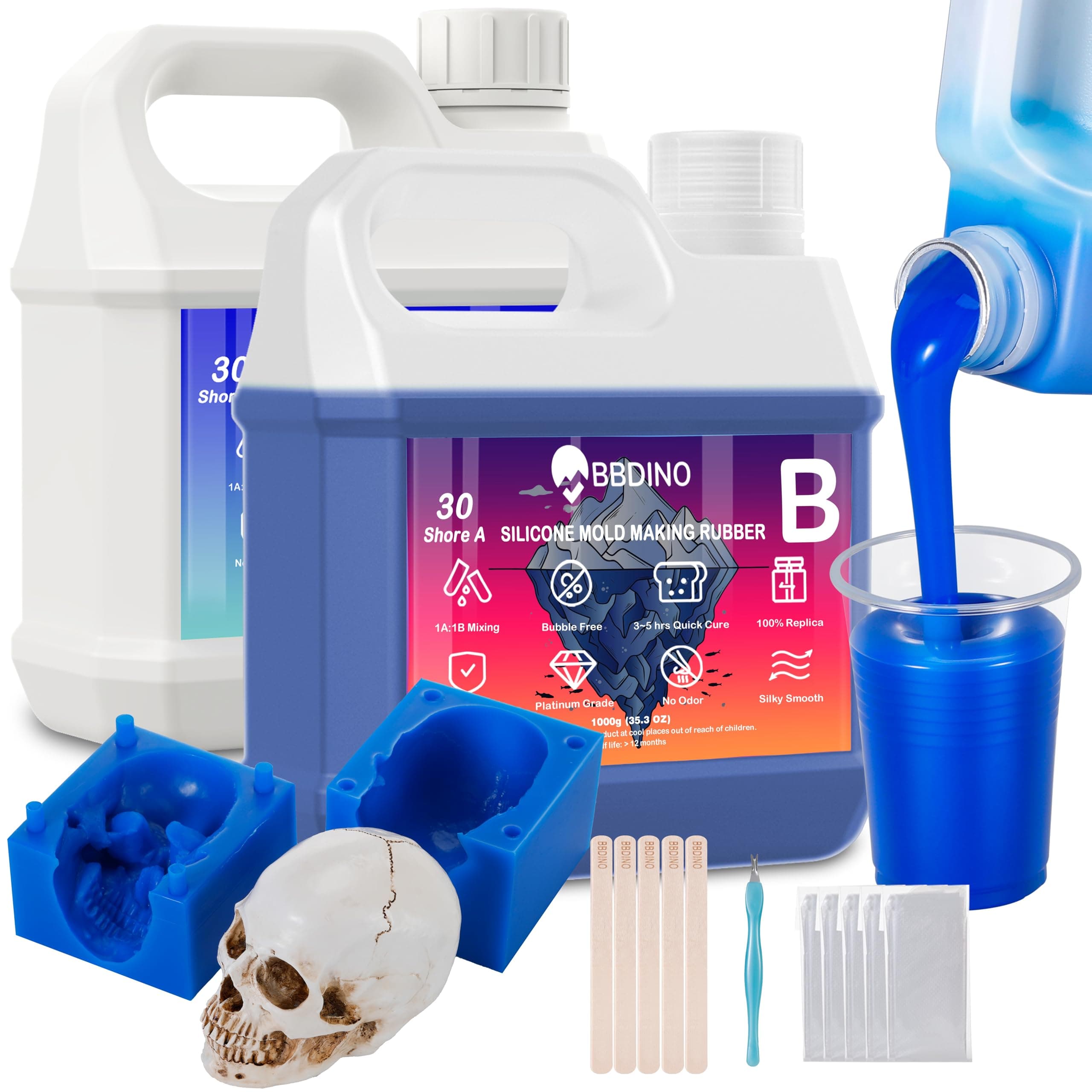 BBDINO Silicone Mold Making Kit,Liquid Silicone for Mold Making 30A Sapphire Blue,High Strength Silicone Rubber Mold Making Kit,1:1 by Volume Ideal for Casting Resin/Jewelry Silicone Molds 4.4 lbs