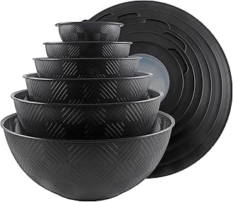 COOK WITH COLOR Mixing Bowls with Lids - 12 Piece Plastic Nesting Bowls Set includes 6 Prep Bowls and 6 Lids, Rhombus Design - Microwave Safe (Black)
