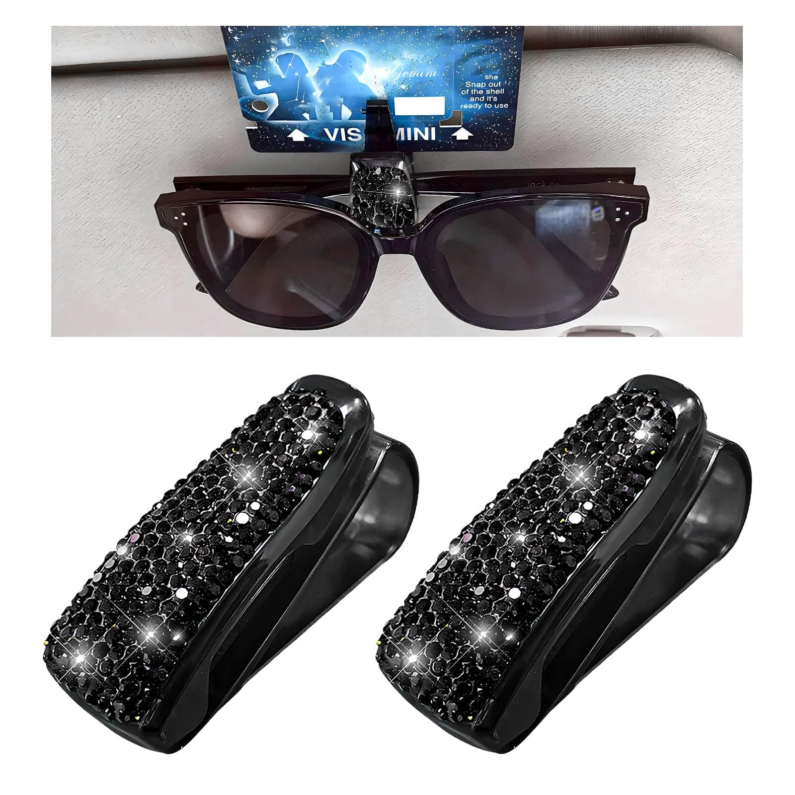 2 PCS Bling Sunglasses Holder for Car Sun Visor, Crystal Rhinestones Eyeglasses Hanger Mount with Ticket Card Clip, Universal Vehicle Visor Decor Accessories for Women (Black)