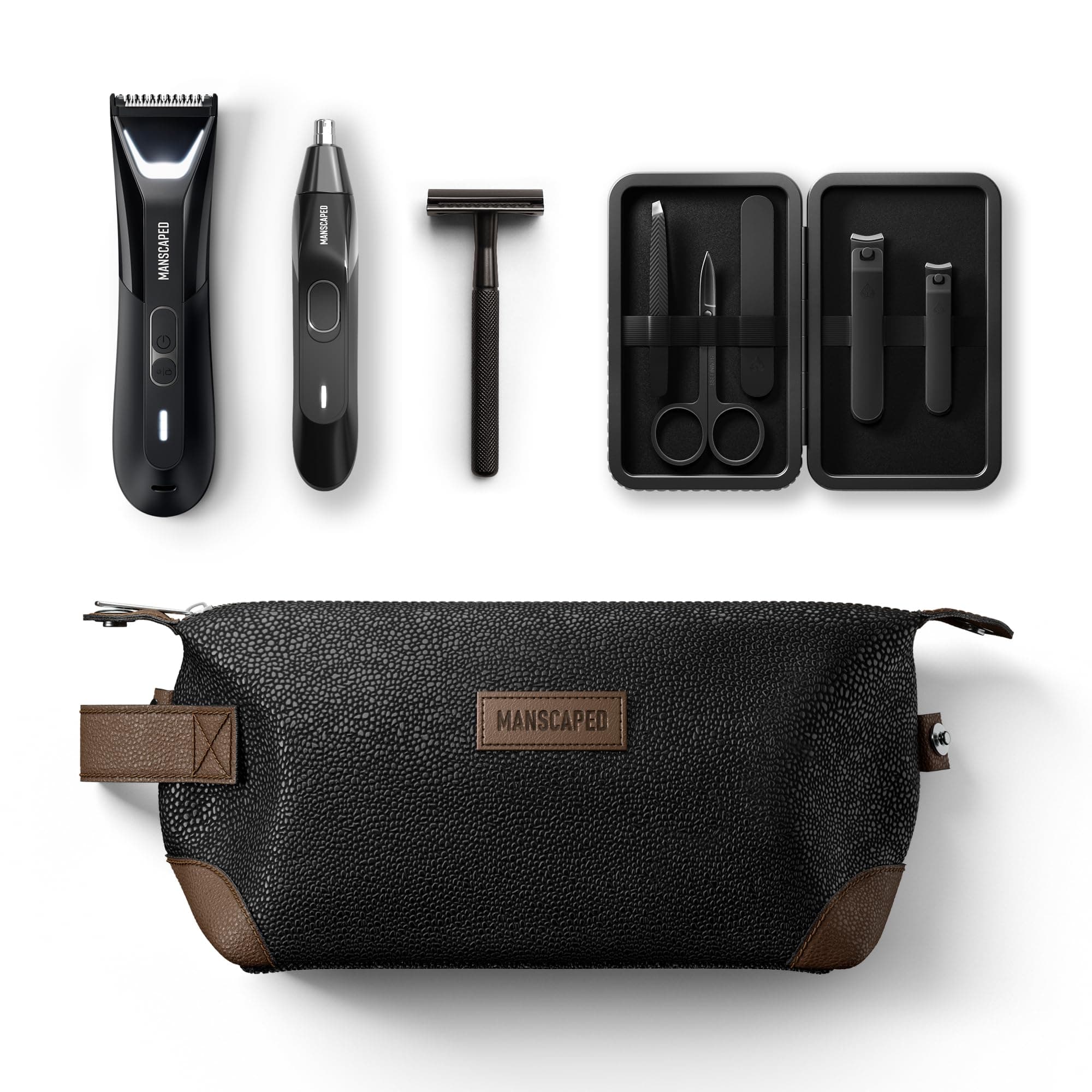 The Tool Box 5.0 Ultra with: The Lawn Mower® 5.0 Ultra Groin Groomer, Weed Whacker® 2.0 Nose & Ear Hair Trimmer, The Plow® 2.0, The Shears 3.0 Five Piece Nail Kit, The Shed Toiletry Bag