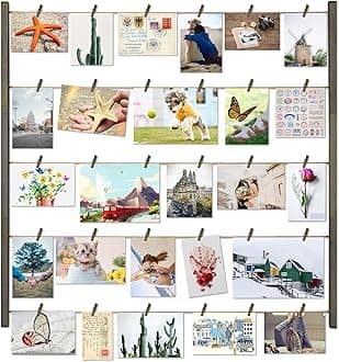 Love-KANKEI Wood Picture Photo Frame for Wall Decor 26×29 inch with 30 Clips and Adjustable Twines Collage Artworks Prints Multi Pictures Organizer and Hanging Display Frames Gift Weathered Grey