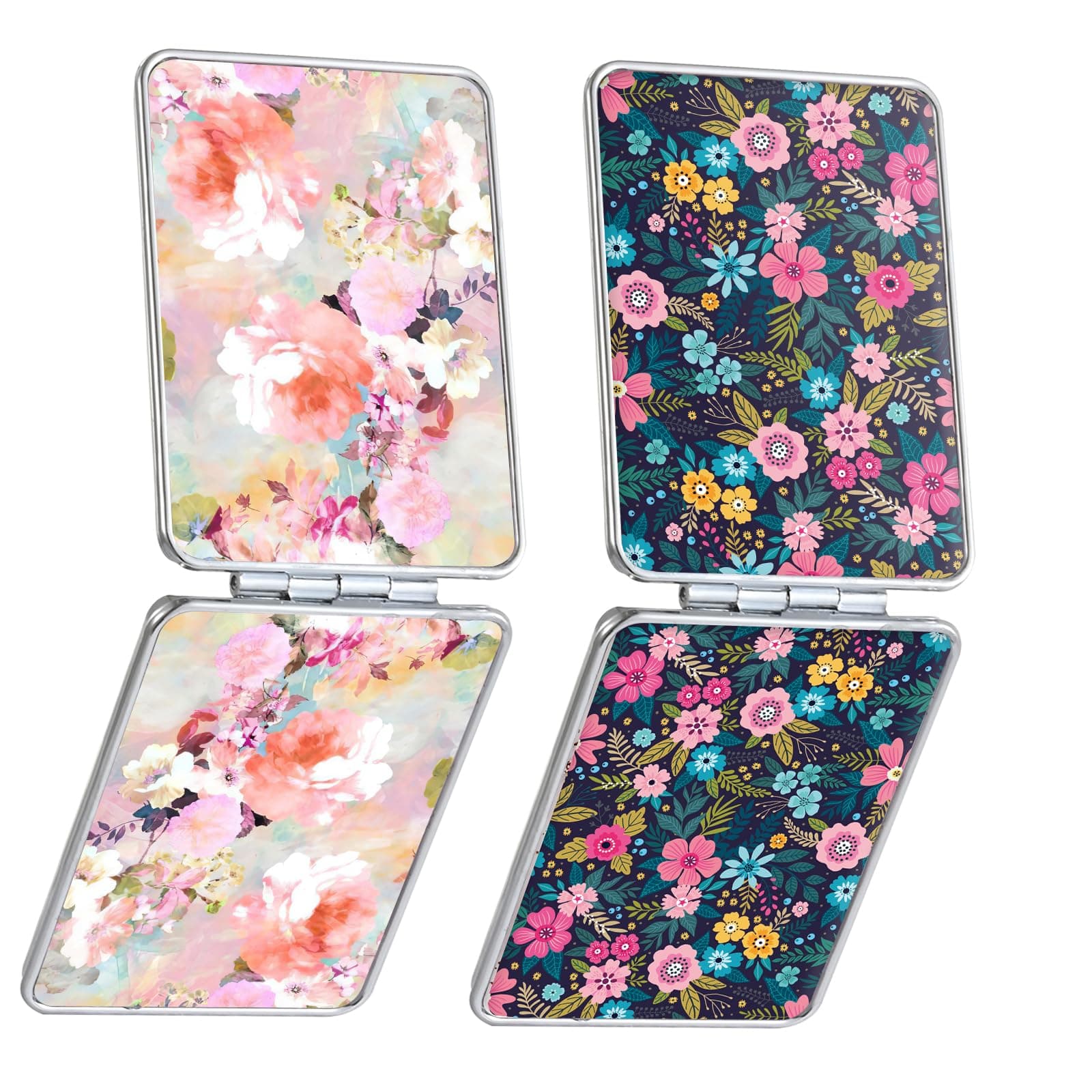 Pocket Mirror, Small Travel Mirror with Magnification, Portable Double-Sided Magnifying Cosmetic Mirror for Daily (2 Flowers)