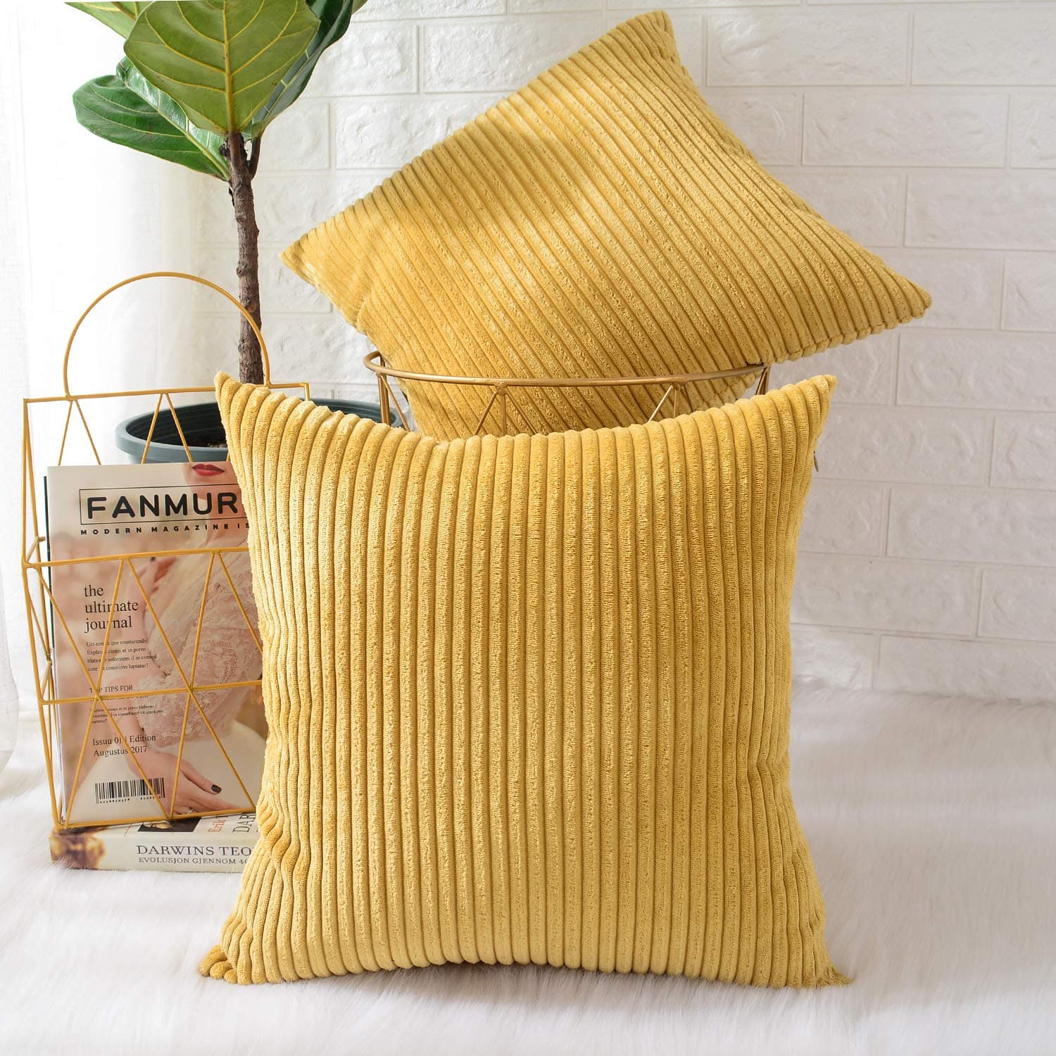 MERNETTE Pack of 2, Corduroy Soft Decorative Square Throw Pillow Cover Cushion Covers Pillowcase, Home Decor Decorations for Sofa Couch Bed Chair 16x16 Inch/40x40 cm (Striped Grass Yellow)