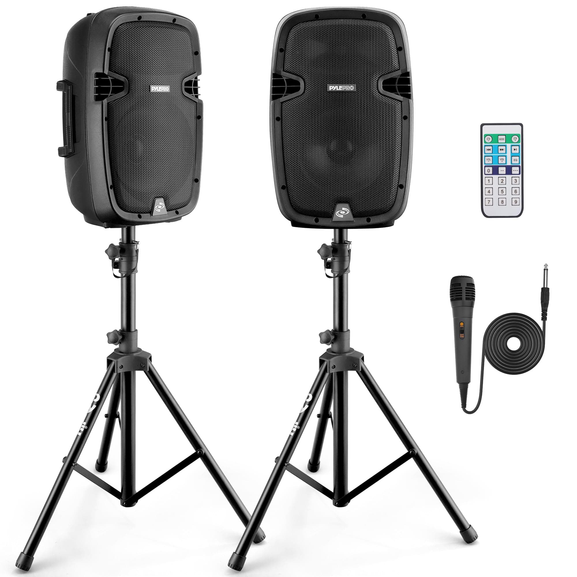 10" Wireless Portable PA system - 1000W High Powered Bluetooth Compatible Active + Passive Pair Outdoor Sound Speakers w/ USB SD MP3 AUX - 35mm Mount, 2 Stands, Microphone, Remote - PPHP1049KT