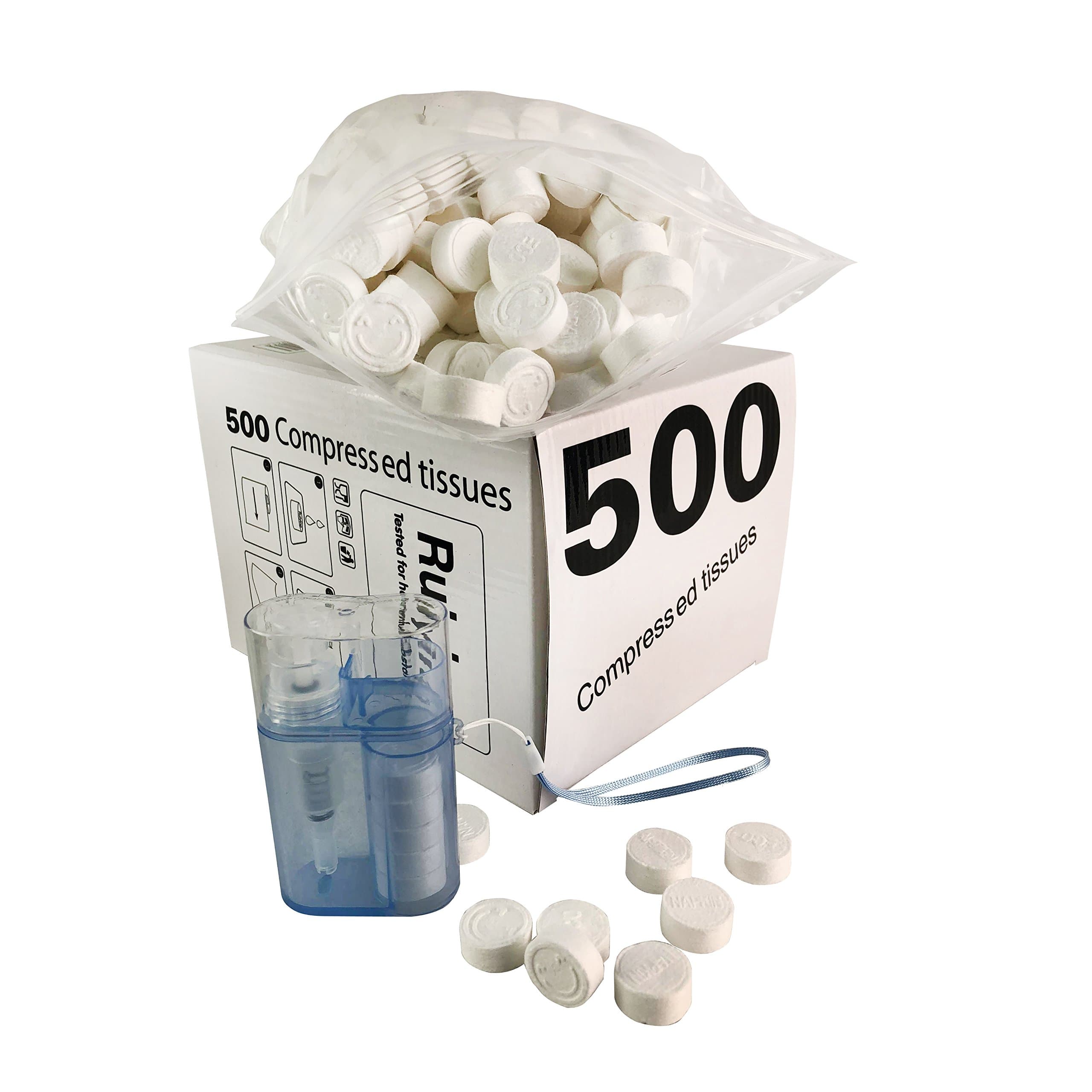 Yinda Biodegradable Compressed Magic Tissues|Camping Wipes|Coin Tissues|Travel Tissues 500 Count 24 x 24 cm Plus Travel Kit with 5 Pieces Compressed Towel Total 505 Count Compressed Towelettes