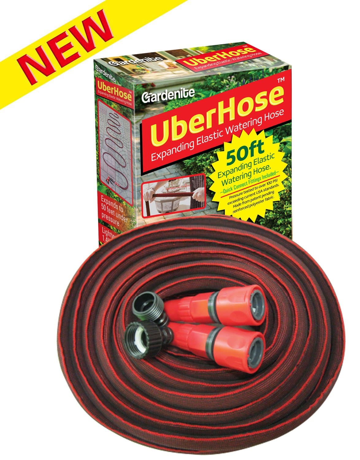 50ft Expanding Elastic Flat Garden Watering Hose. Made from Expandable Rubber. Quick Connect Fittings Included
