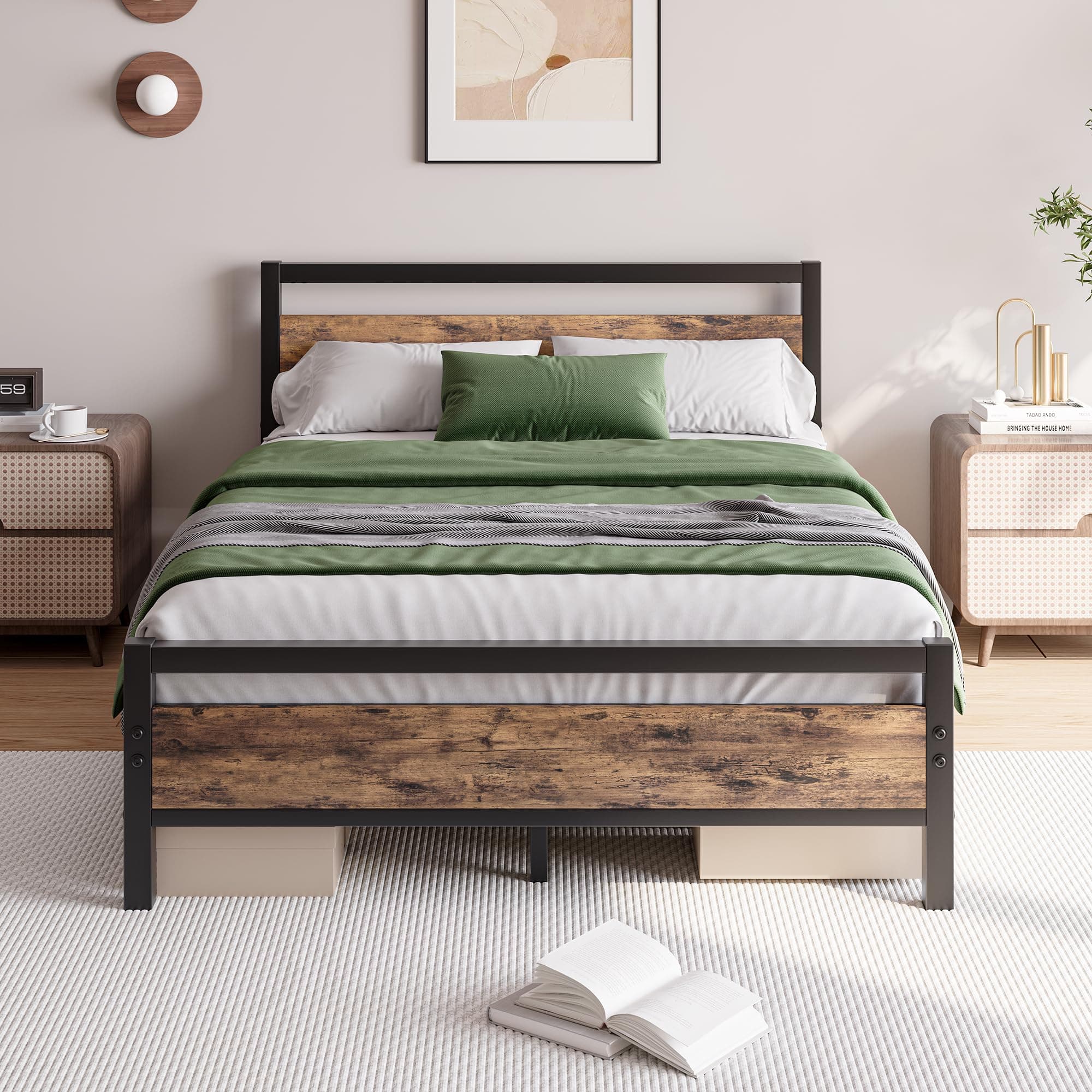 – Metal Platform Bed Frame Double Size with Wooden Headboard and Footboard Heavy Duty Steel Support, No Box Spring Needed, Easy Assembly, Black