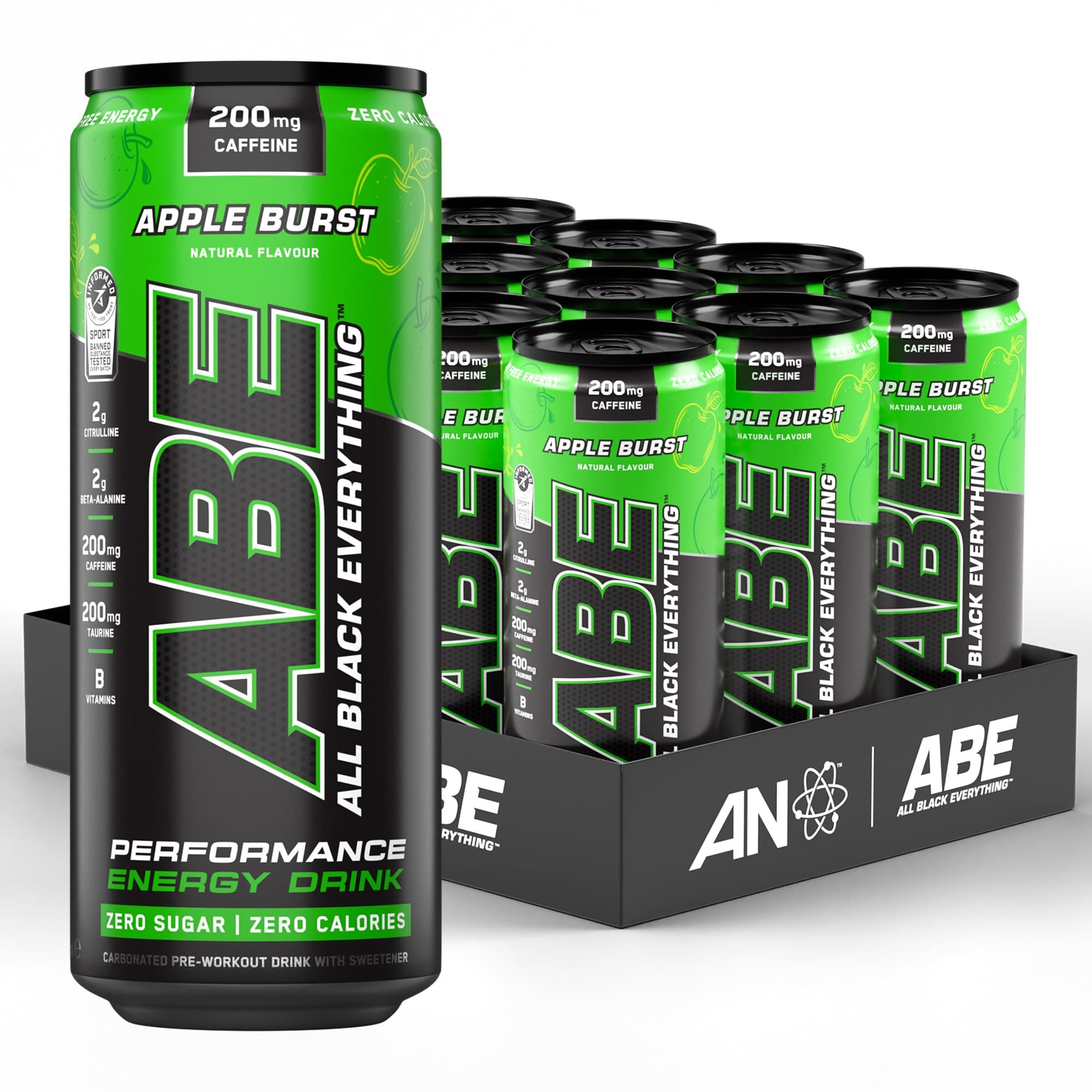 Applied Nutrition ABE Pre Workout Cans - All Black Everything Energy + Performance Drink, ABE Carbonated Beverage Sugar Free with Caffeine (Pack of 12 Cans x 330ml) (Apple Burst)