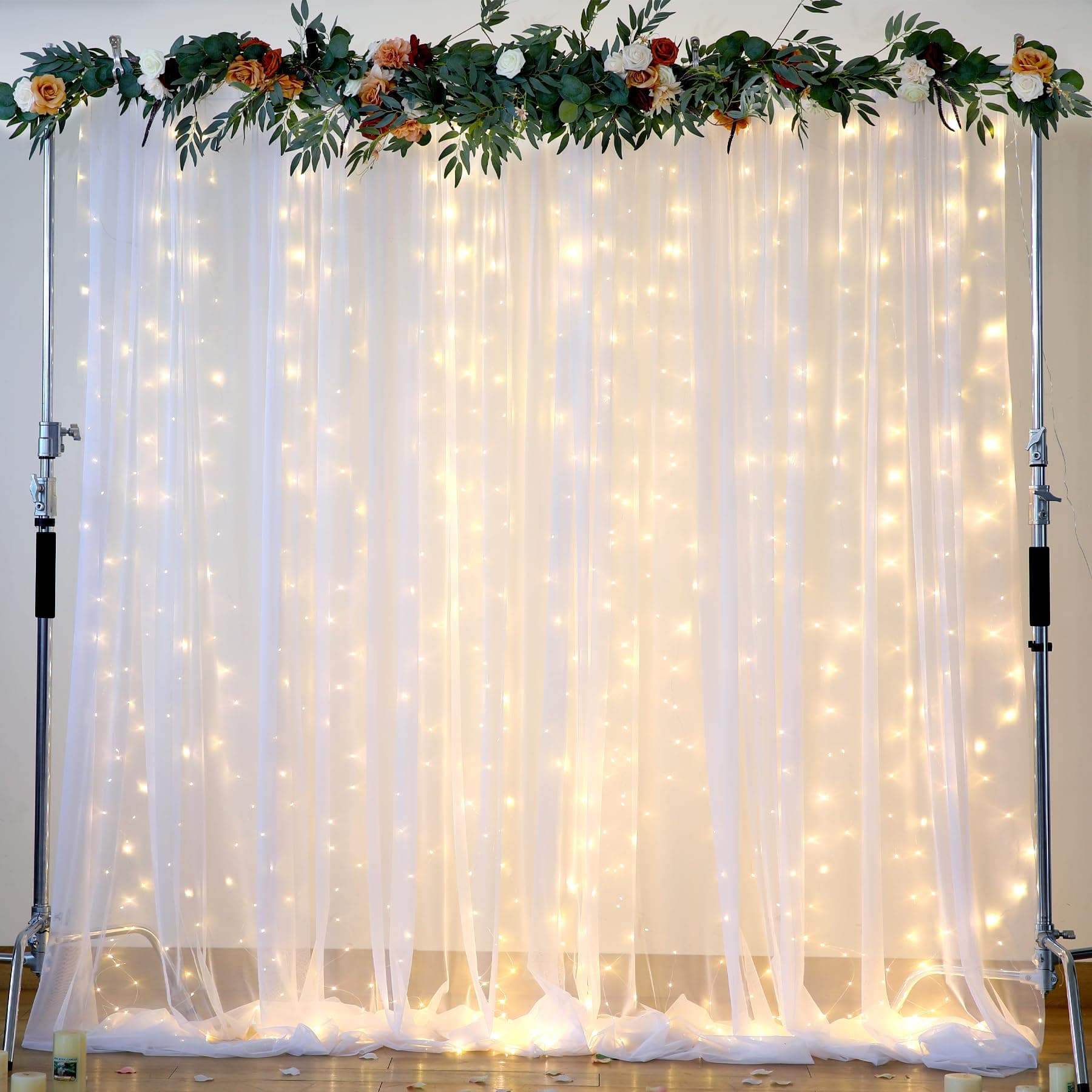 Sheer Tulle Backdrop Curtains with Lights String for Parties Baby Shower Wedding