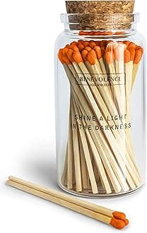 Benevolence LA Decorative Wooden Matches in Glass Jar with Striker | 4 Inches Colored Safety Long Match for Lighting Candles | Apothecary Home & Bathroom Decor - Fluorescent Orange