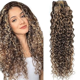Urbeauty Curly Clip in Extensions Remy Human Hair Brown Highlight Blonde Natural Wavy Hair Extensions 18 Inch 120g Triple Weft Clip in Hair Extensions Full Head Kinky Curly Human Hair 4/27