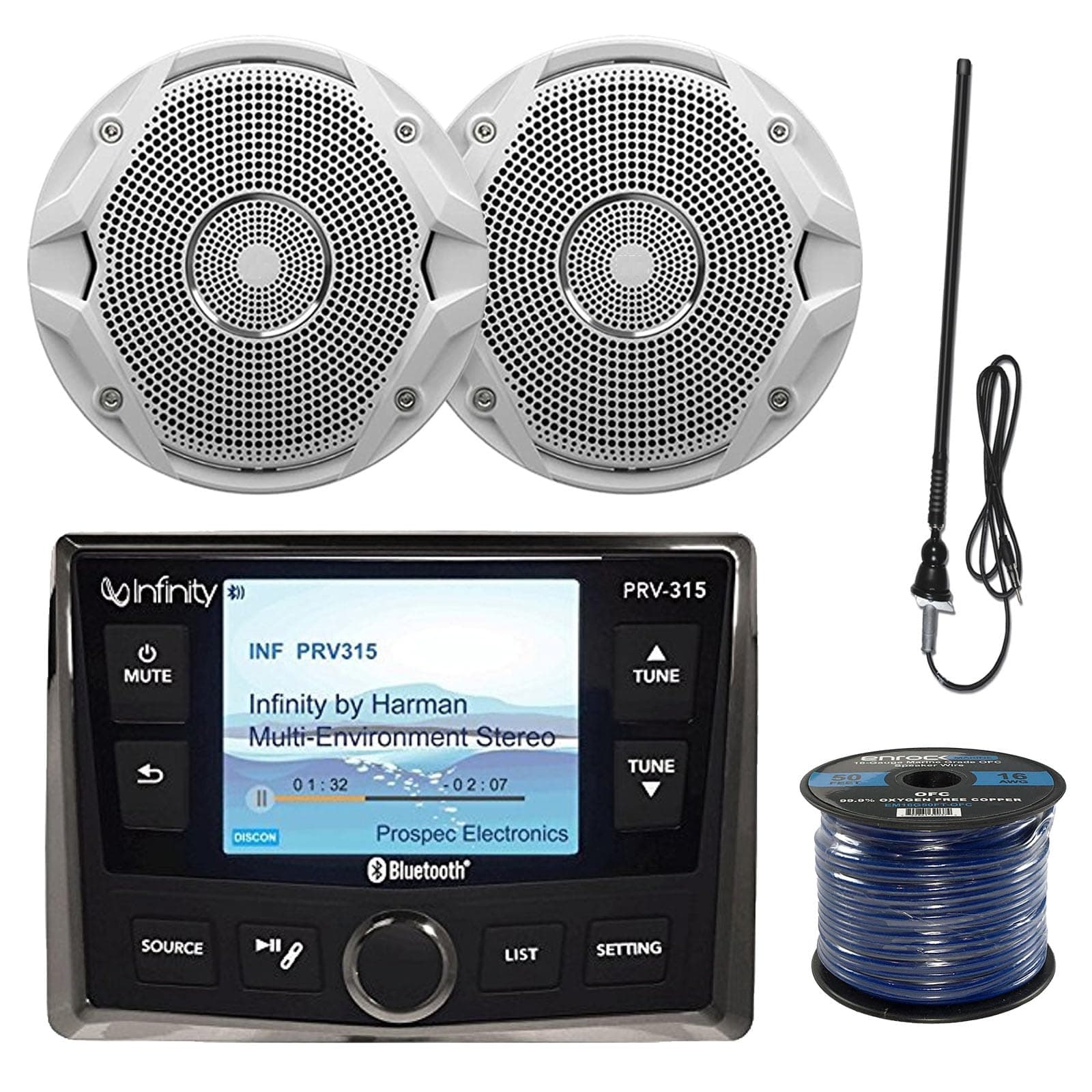 Infinity PRV-315.2 Marine Gauge Hole Mount USB Bluetooth AM/FM/WB Radio Receiver, 3.5" Color Display, 6X Prospec Electronics 6.5" White Speakers, 50 Foot 16-G Speaker Wire, Enrock Marine Antenna