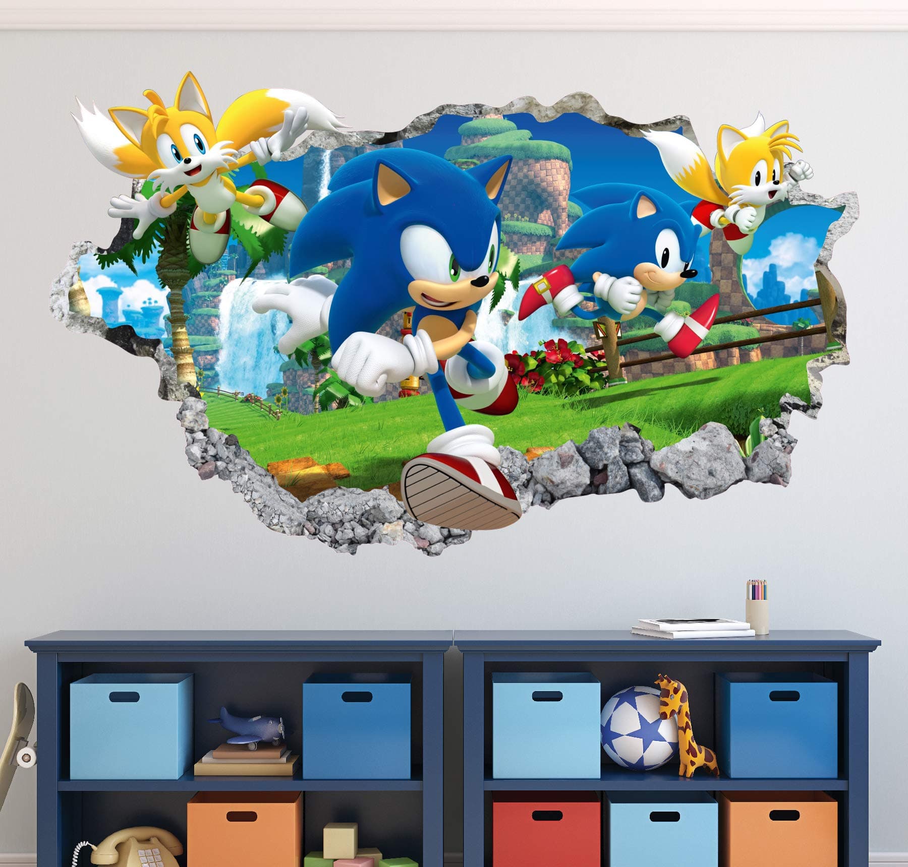 Sonic Wall Decal Art Decor 3D The Hedgehog Smashed Sticker Kids Mural Poster Gift HA22 (30" W x 18" H)