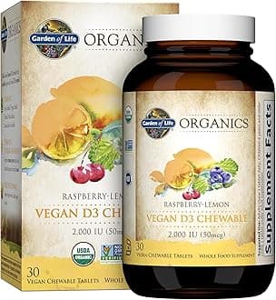 Organics Vegan Vitamin D3 Chewable - Raspberry Lemon, 2,000 IU (50mcg) Whole Food Vitamin D3 from Lichen Plus Food & Mushroom Blend, Gluten Free, 30 Chewable Tablets