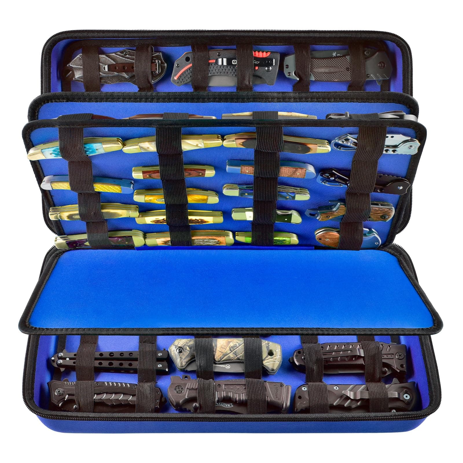 GWCASE Display Case for 66+ Pocket Knives. Folding Holder, Butterfly Storage Organizer, Roll Collection Pouch Carrier Bag for Survival Tactical Outdoor for EDC Mini Knife -Blue