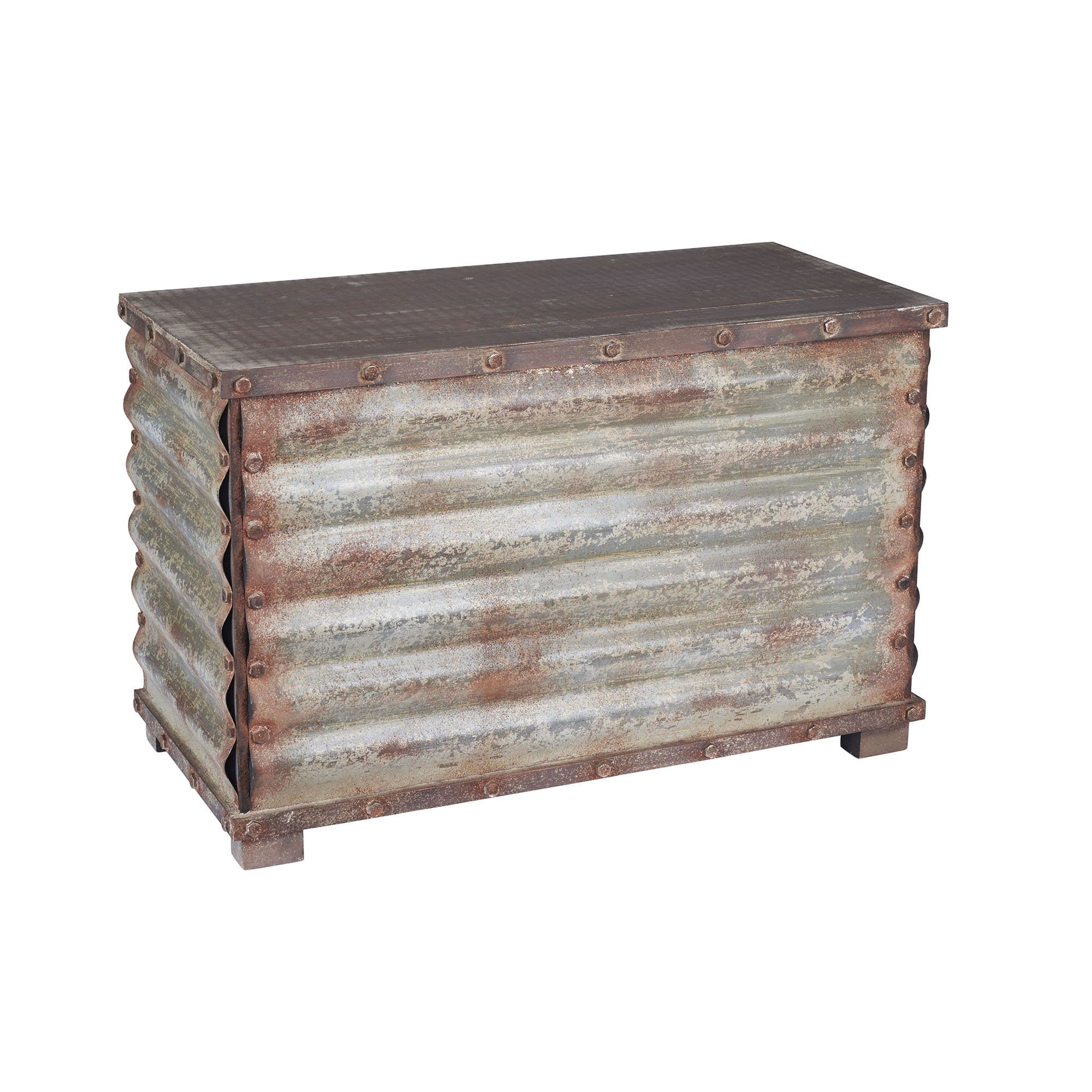 Household Essentials Decorative Trunk, Rustic, Small, Wood Frame and Metal Siding, Spacious and Handmade, Fully Opening Lid, Black Interior, Driftwood and Silver
