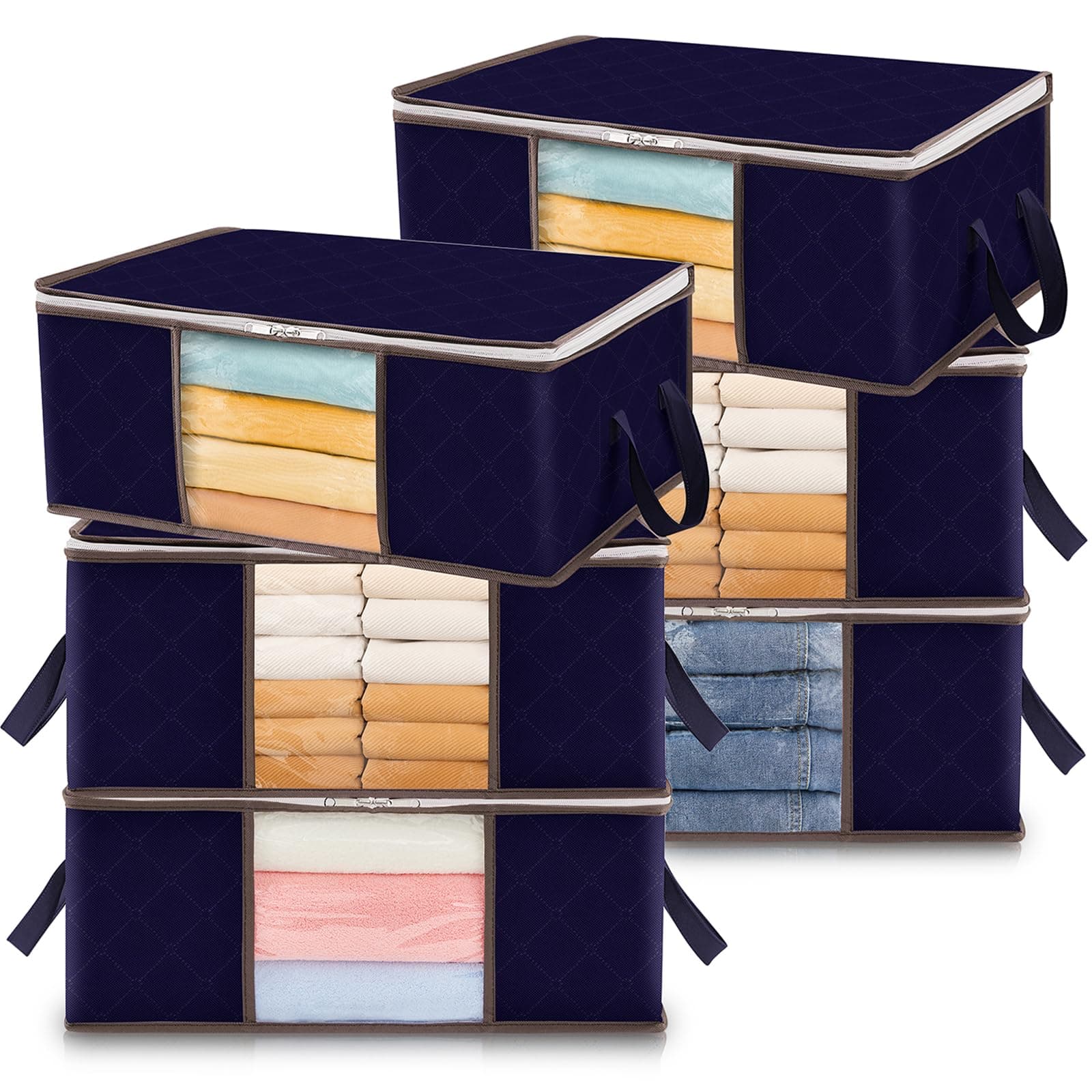 Lifewit 35L Clothes Storage Bag Foldable Storage Boxes with Lids Underbed Wardrobe Storage Organiser with Sturdy Fabric Clear Window for Clothing Bedding Sweaters T-shirts Blankets, 6 Pack, Blue