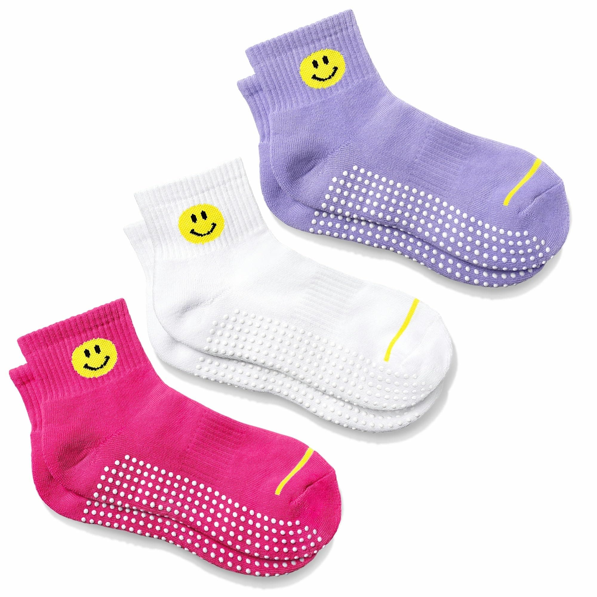 Smiley Grip Socks 3-Pack – Cushioned for Pilates, Studio, Non-Slip Ankle Socks, Happy Face Design, Blue, Green, White