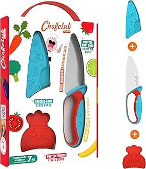Chefclub Kids – Children's Kitchen Knife Set – Stainless Steel Blade – Finger Guard and Blade Cover – Safe, Ergonomic Utensil – Kids knife set for chopping – Blue and Red – Suitable for Ages 7+