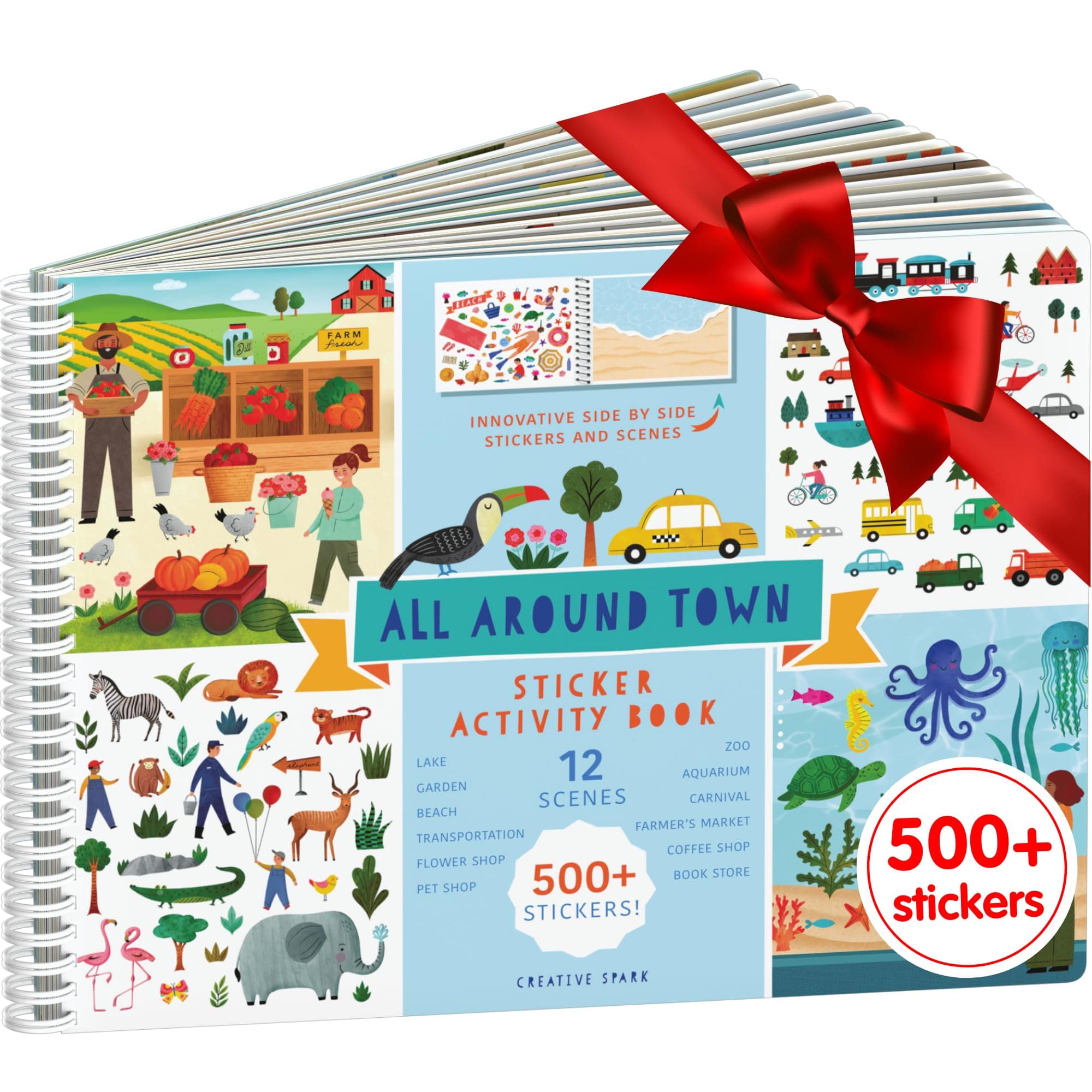 CUPKIN All Around Town Activity Book, Innovative Side by Side Sticker Book - Ring Bindings That Lay Flat - Over 500 Stickers and 12 Scenes - Fun Activity Book for Boys and Girls Ages 2+ Blue