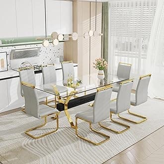 Pvillez Glass Dining Table Set for 8, 9 Piece Dining Room Table Set,78" Modern Large Glass Kitchen & Dining Room Table w/Golden Metal Legs & Black MDF Crossbars &8 Light Grey PU Leather Dining Chairs