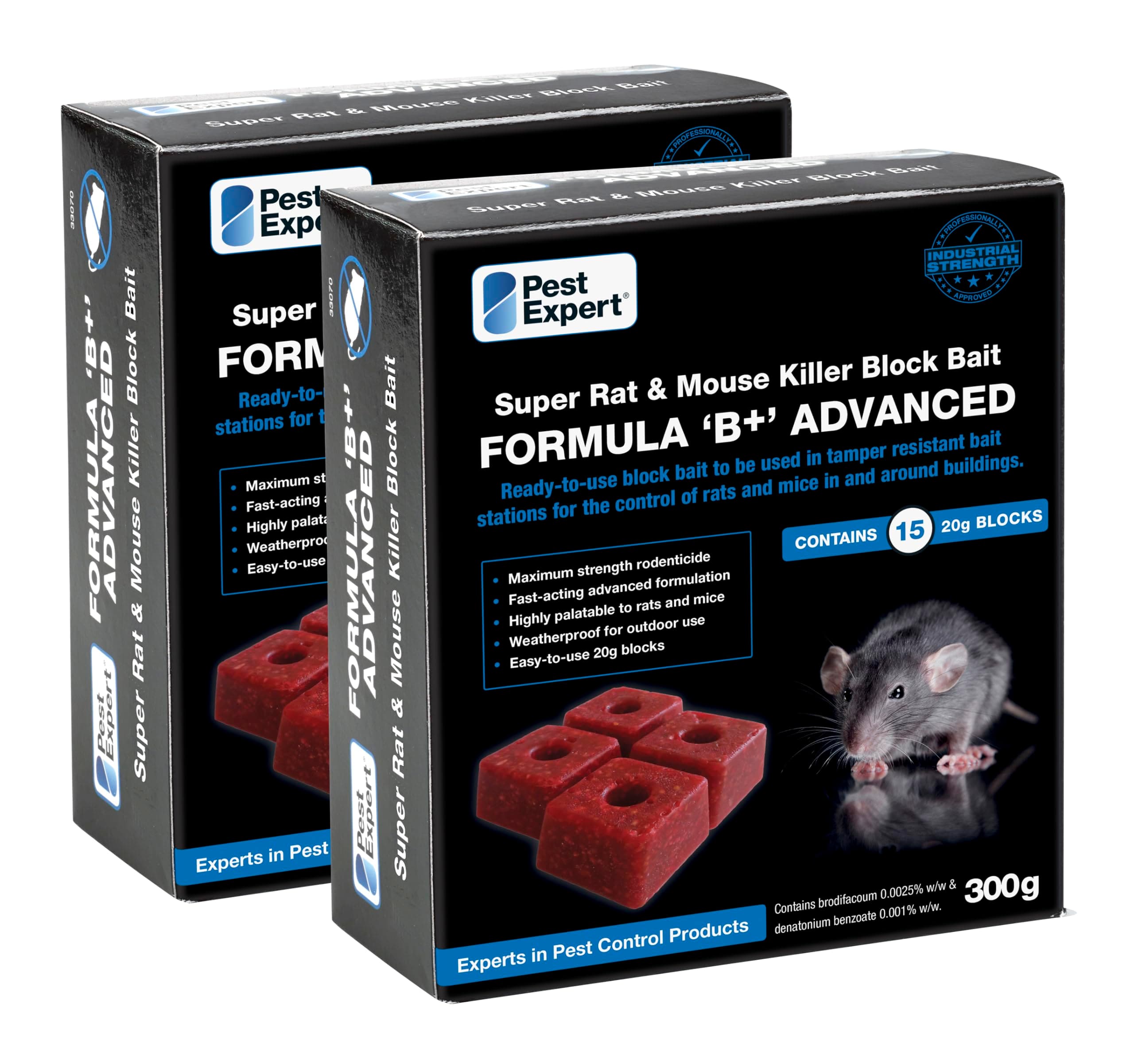 Pest Expert Formula 'B+' Advanced Rat & Mouse Killer Poison Bait Blocks Super Strength 600g (2 x 300g) - Premium Single Feed Brodifacoum, Strongest Available Online (1)