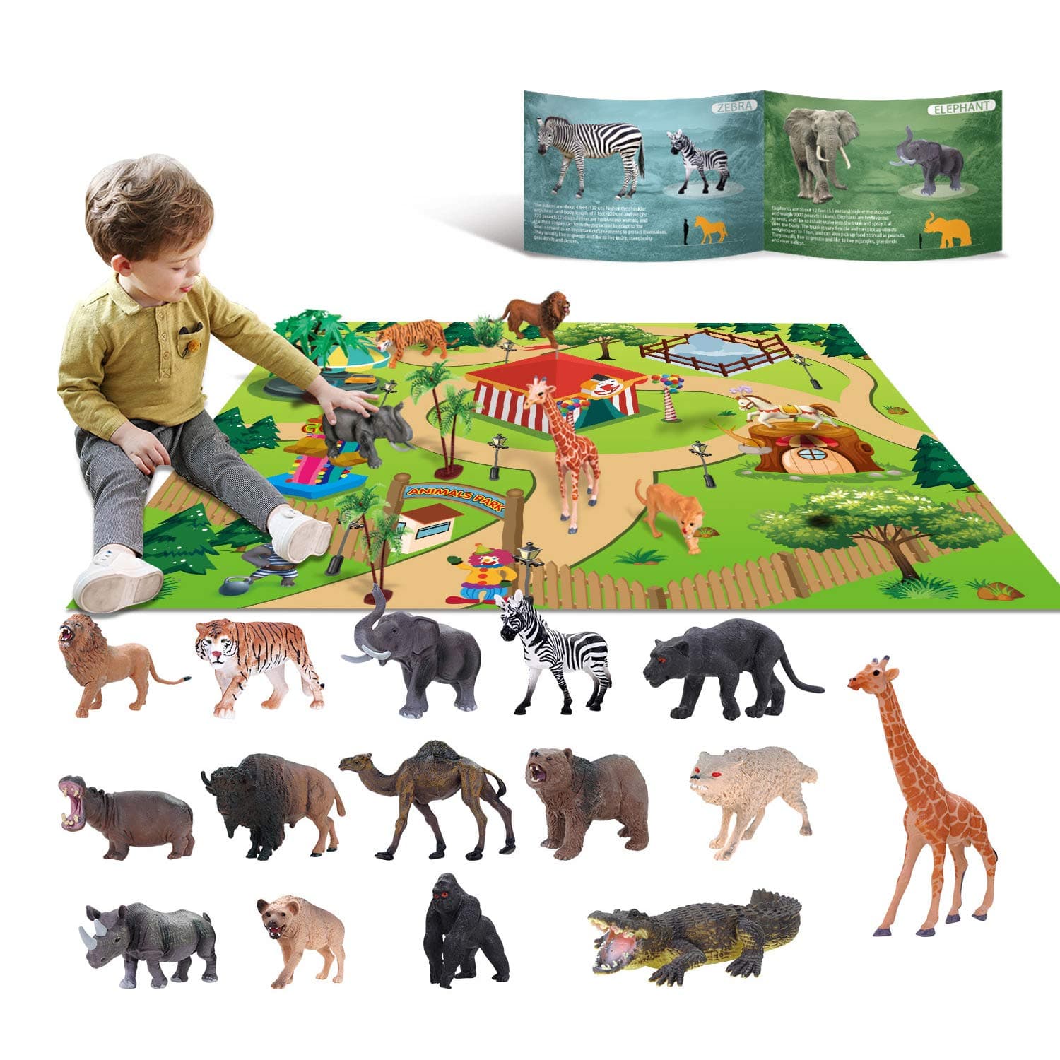 15 Animal Toys for Boys Realistic Safari Animals Farm Zoo Educational Toy Gift with Play Mat for 2 3 4 5 6 7 Year Old Girls Toddlers Kids