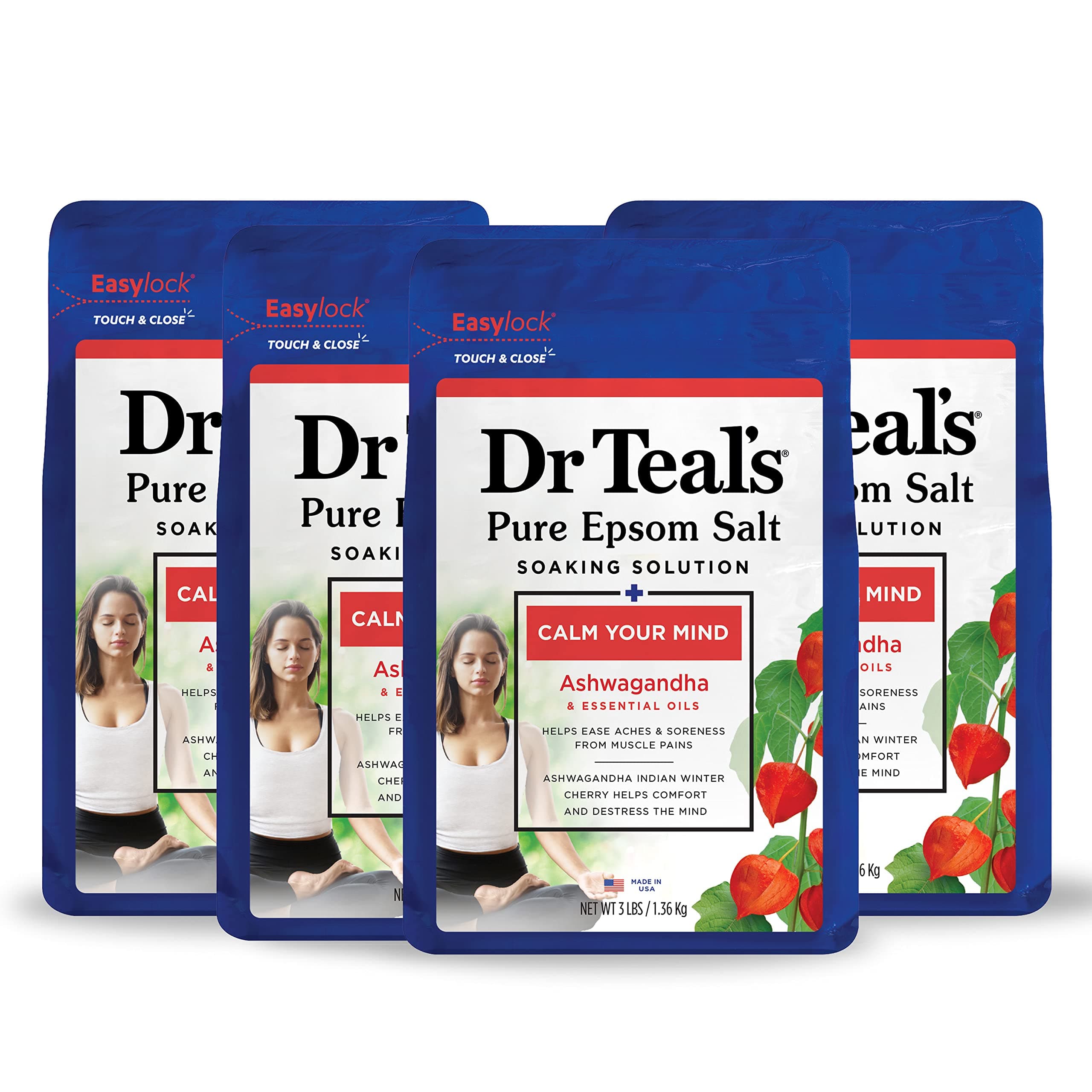 Dr Teal's Pure Epsom Salt, Ashwagandha & Essential Oils, 3 lbs (Pack of 4)